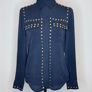 Michael Kors Blouse Womens Black Small Long Sleeve Buttons Collar Gold Studs